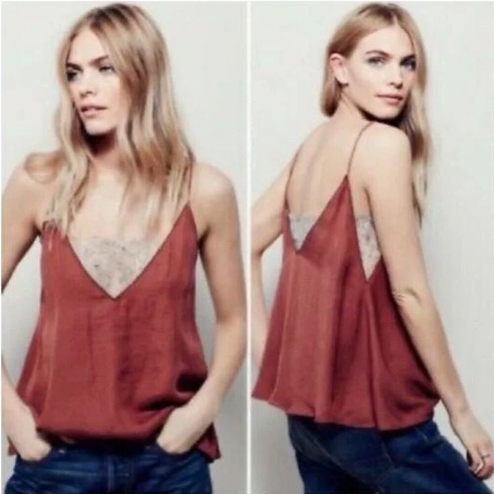 Free People Flowing Satin Deep V Lace Bandeau Camisole Tank Top in Copper Red